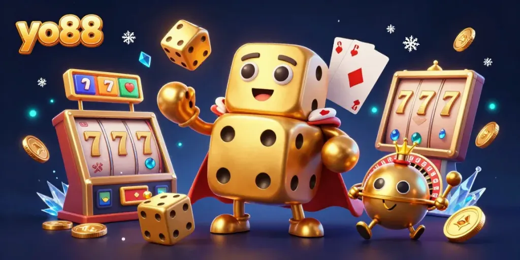 Experience thrilling slots and golden chances with yo88 in this dynamic, vibrant casino illustration.
