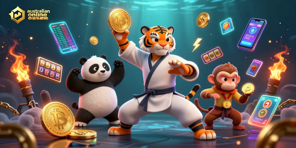 A vibrant 3D scene featuring an australian online casino theme with tiger, panda, and monkey characters amidst neon crypto elements.