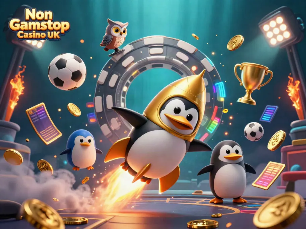 Experience excitement at a Non Gamstop Casino UK with a golden penguin and dynamic sports elements