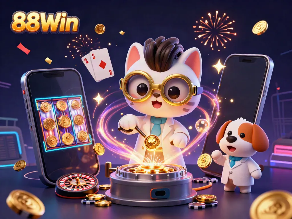 Experience the excitement of 88Win with a dynamic 3D illustration of playful casino elements and animated characters.