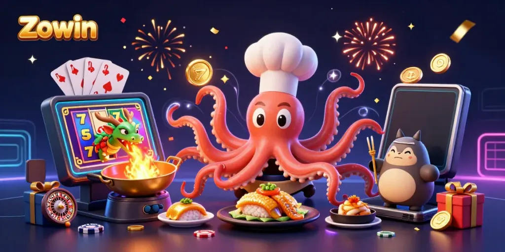 Zowin's immersive 3D casino scene showcases a sushi chef octopus, dragon, and tanuki amid vibrant slot games.