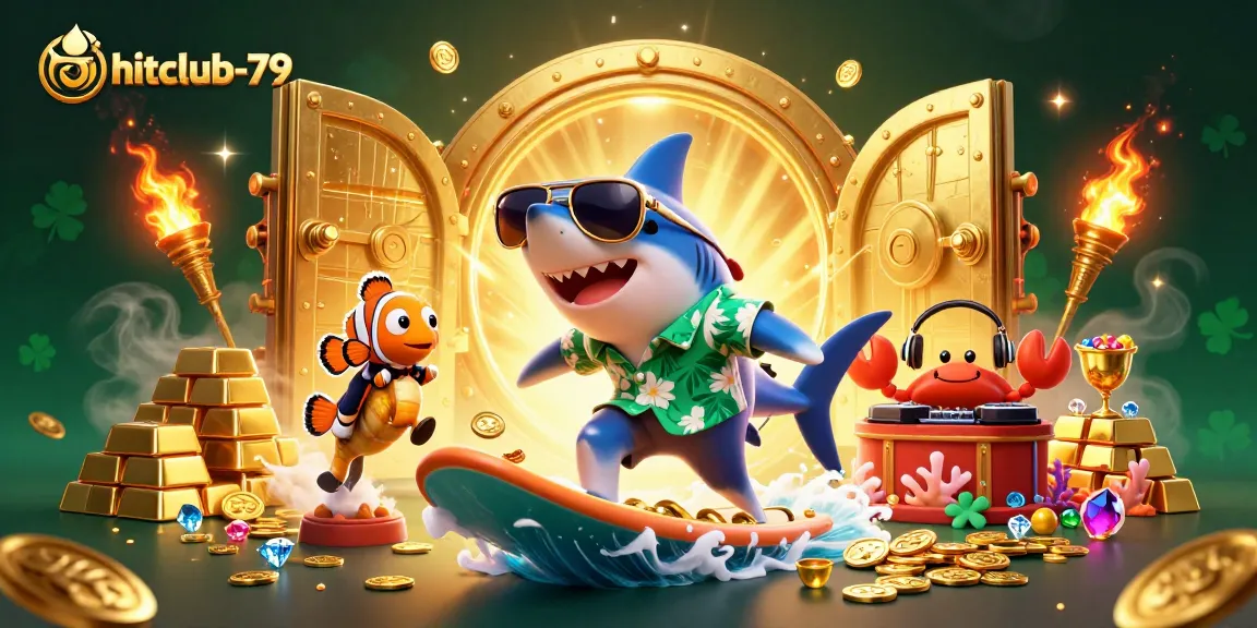 Experience thrilling gameplay at hitclub-79 with vibrant casino characters amidst gold coins and treasures