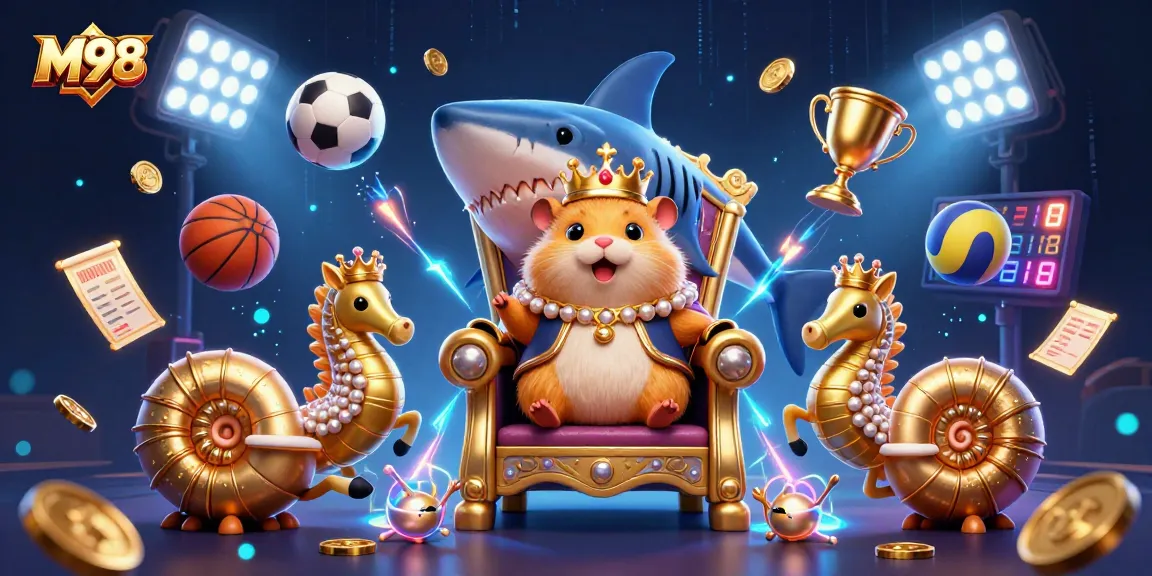 M98's dynamic betting adventure features a fierce golden hamster king ruling from a megalodon throne amidst vibrant sports elements.