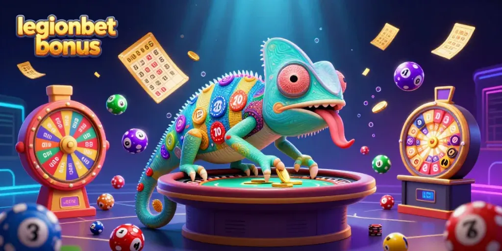 Experience the legionbet bonus with thrilling games and dynamic elements in a vibrant casino illustration.