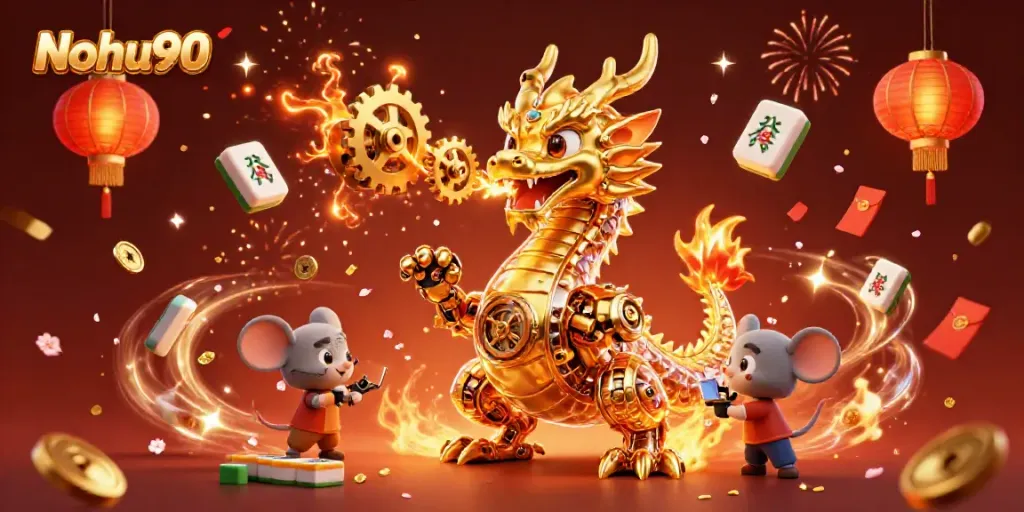 Nohu90 showcases immersive gaming fun with a dragon breathing gears, symbols of excitement and luck.