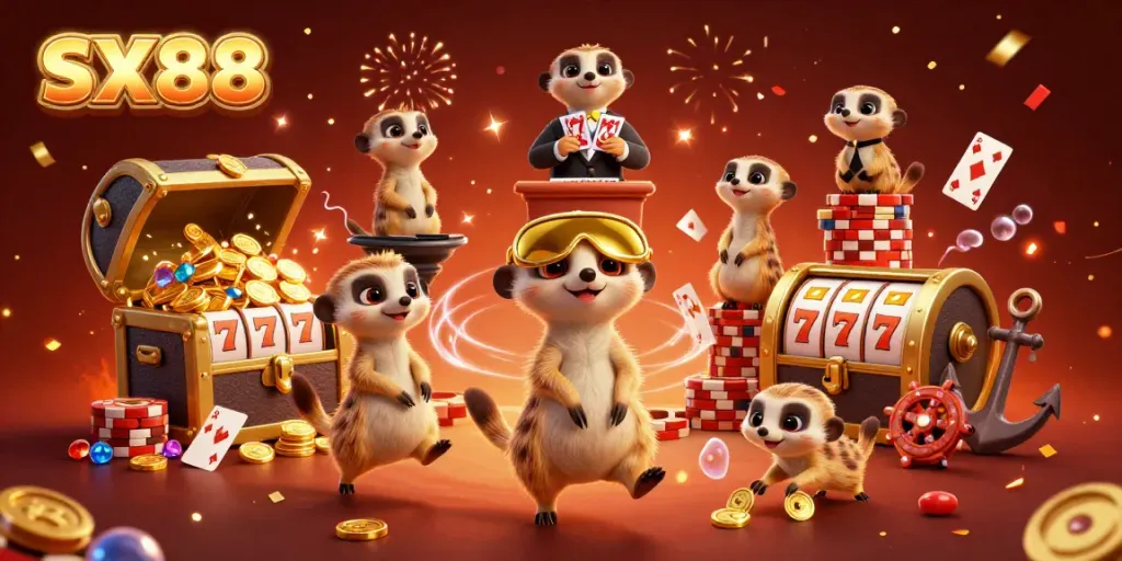 Experience the excitement of SX88 casino with meerkats in a dynamic gaming scene featuring colorful slot games.